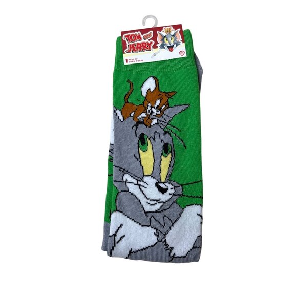 Green Tom & Jerry Graphic Crew Socks NWT One Size Fun Novelty Cartoon - Picture 1 of 3
